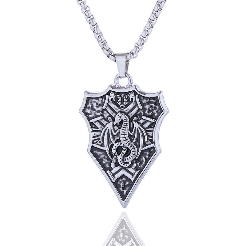 Dragon Knight Badge Shield Necklace Trendy Punk Titanium Steel Personalized Men's Hip Hop Pendant Sweater Chain
