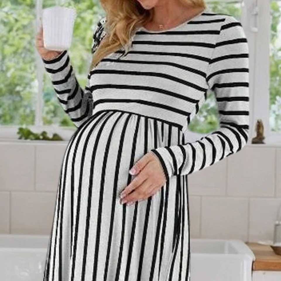 New Maternity Dresses Women 2024 Autumn Winter Long Dress Pregnancy Clothing Fashion Striped Round Neck Pregnant Maxi DressT250311