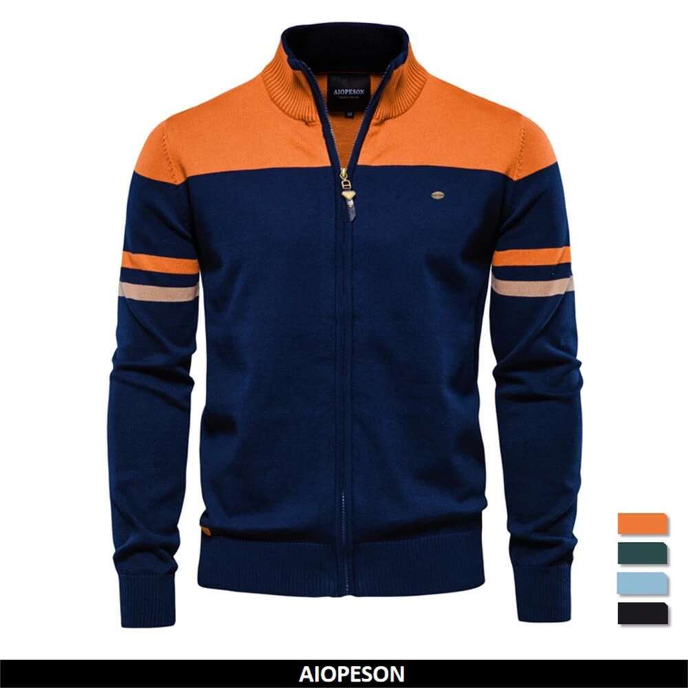 New Autumn And Winter 100% Cotton Mens Zipper Cardigan Casual Patchwork Fashion Youth Knitted Sweaters For Men