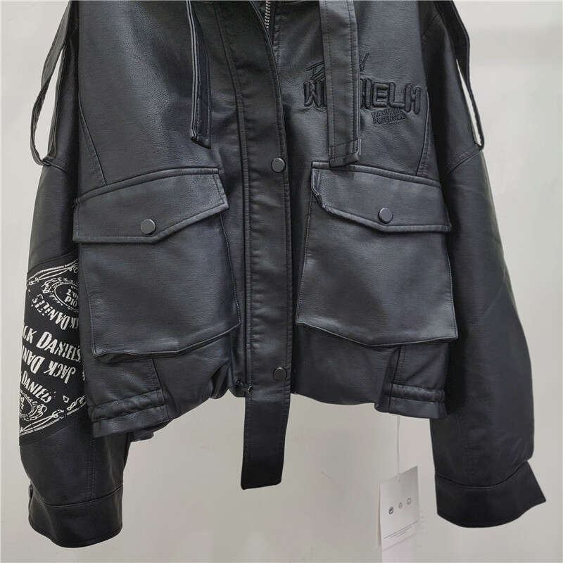 2024 Spring And Autumn New Western Style Motorcycle Jacket Printed High Waist Look Slimming Water Washed PU Leather Outer Cover Trendy