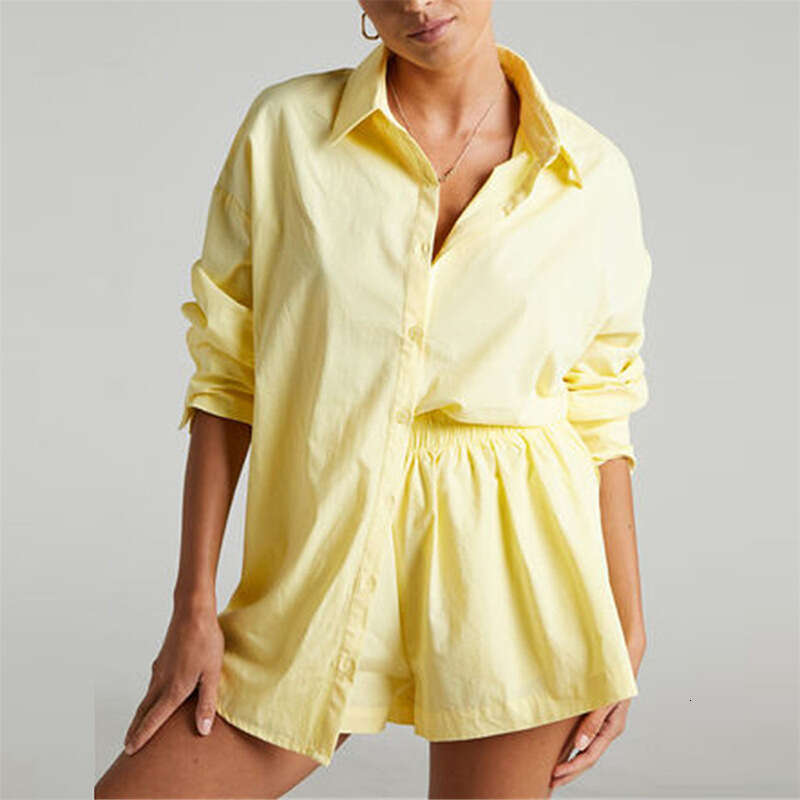 Summer New Fashionable Color Blocked Single Breasted Shirt, Elastic Shorts Two-Piece Set 661 KLMY