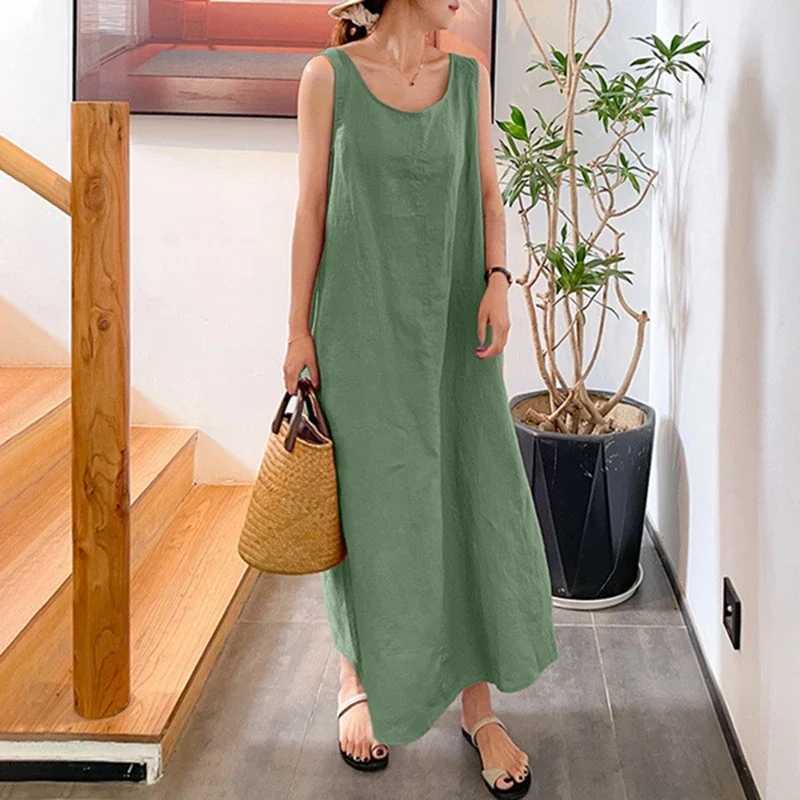 2024 New Summer Women Sleeveless Sundress Elegant Round Neck Cotton Linen Solid Long Tank Dress Vintage Pockets Beach VestidosT250311