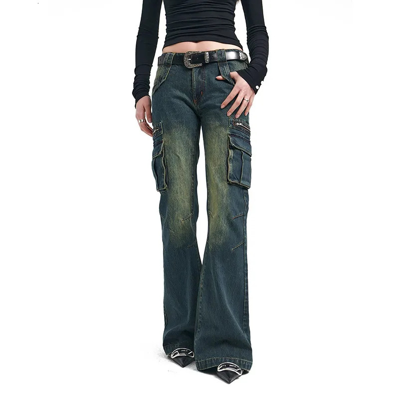 Womens blue bagged cargo jeans Harajuku Y2k 90s aesthetic high waisted Trouser 2000s oversized vintage clothing 250311