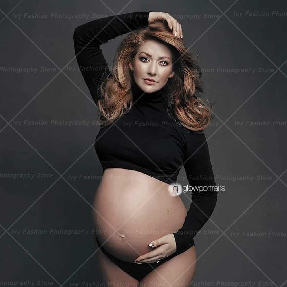 Maternity Dresses For Photo Shoot Open Belly Set Two Piece Black Elastic Fabric High Neck Short Top Pregnant Photo Shoot Clothes X250224