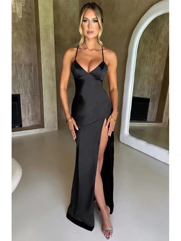 Bandage Backless Elegant Dress Split Hem Spaghetti Strap Slim Cocktail Party Club Fashion Satin Solid Lace-Up Long Dresses 250310