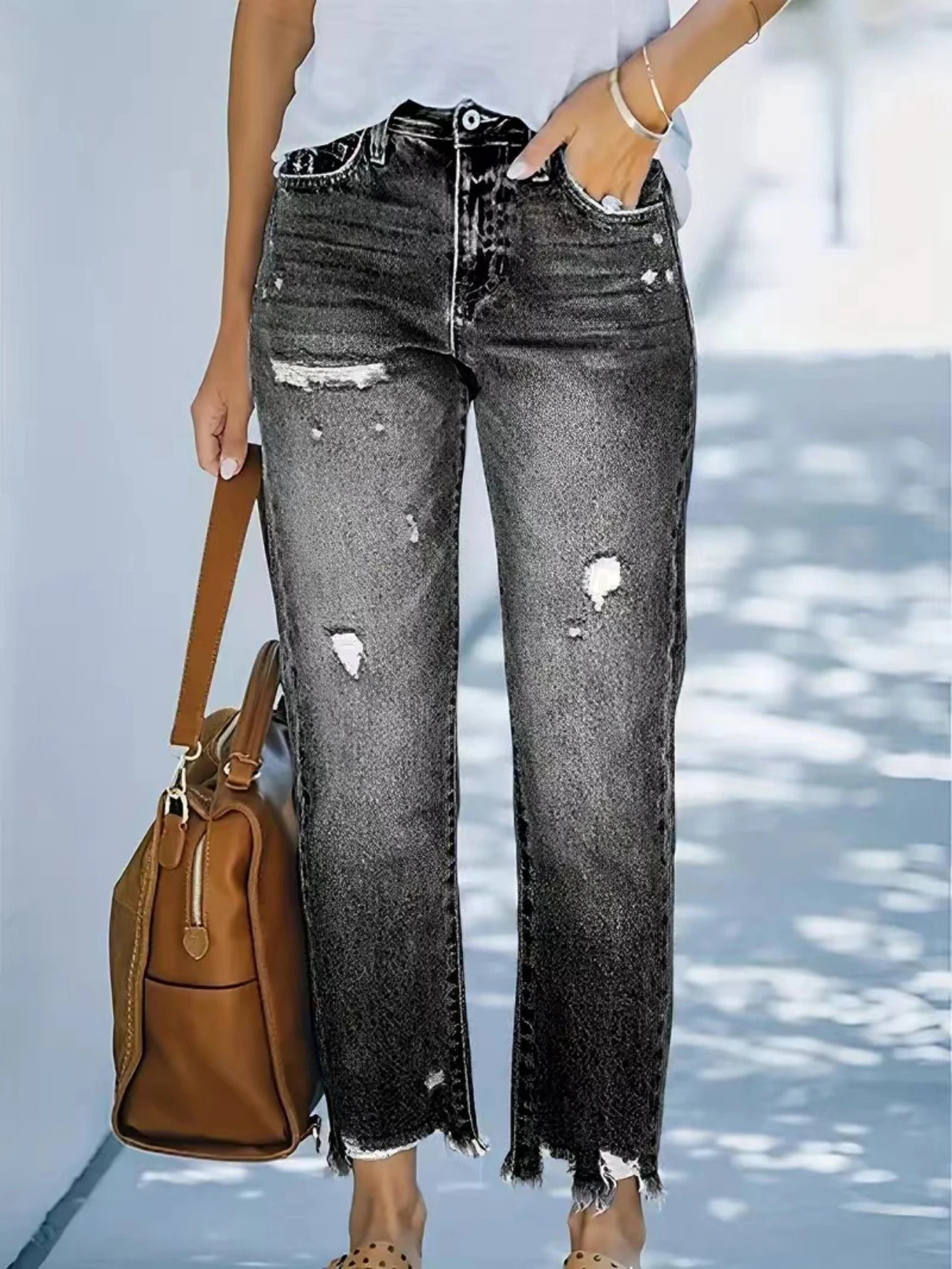 Womens selling midwaist straight pants washed casual ripped jeans 250311