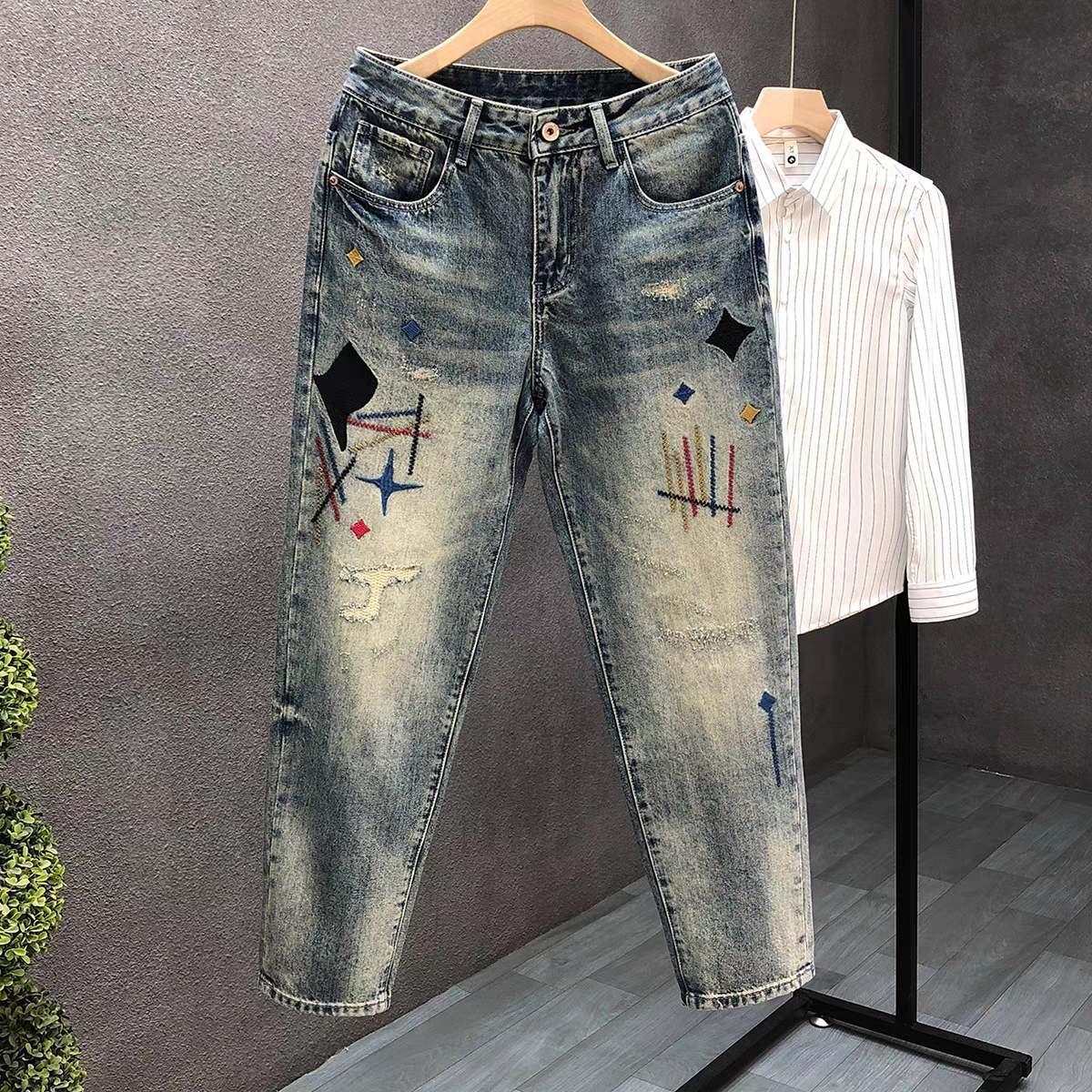 American Washed Vintage Fashion Designer Men s Jeans Hip hop Letter Print Gothic Style Four Season Straight Tube Loose High Street Style Pants Streetw