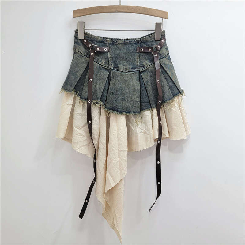 Splicing Denim Pleated Midi For Women's Autumn New Style Temperament Spicy Girl Fashionable High Waist Slimming A-Line Short Skirt