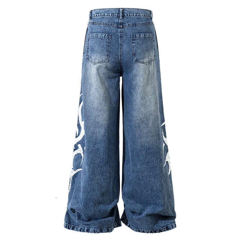 Men's American Mid Rise Wide Jeans With Totem Print Design, Loose Floor Pants, Straight Leg Pants