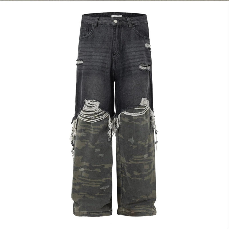 Womens Camouflage Splicing n Denim Trousers Summer Cool Girl Pant Vintage Bottoms Female High Waist Wideleg Neutral Jeans 250311
