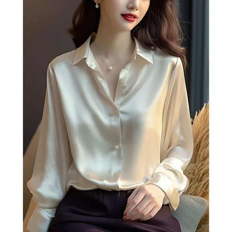 French Black Shirt Tops Spring Autumn Womens Solid PoloNeck Blouses Button Up Elegant Loose Long Sleeve Clothes Office Ladies 250310
