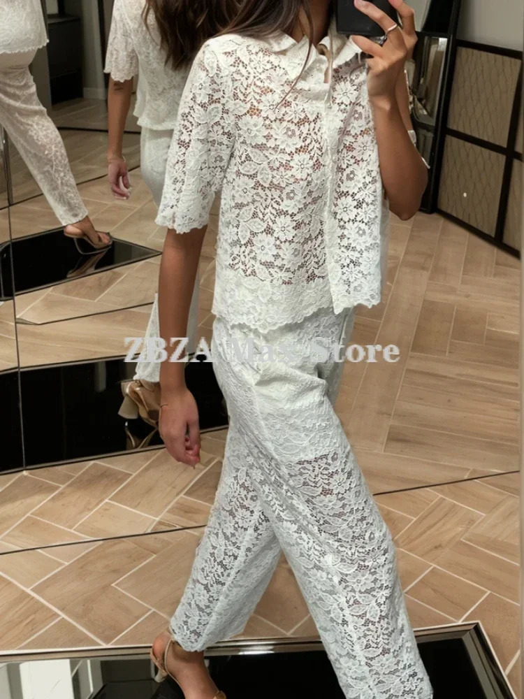 ZBZA Womens Lace Shirt Pants Suit Hollow Out Lapel Short Sleeves Top High Waist Zip Pockets Straight Leg Pant Chic Set 250310