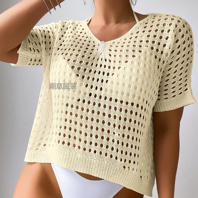 New Women's Hollowed Out Fashionable Collar Button Loose Pullover Short Sleeved Woven Sexy Beach Cover Shirt