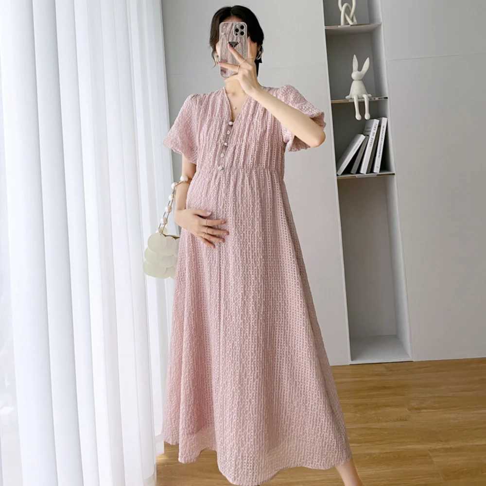 Summer Maternity Women Dresses V-neck Short sleeved Pregnant Womens Dress Pink Sweet Pregnant Women Dress Maternity Maxi DressT250311