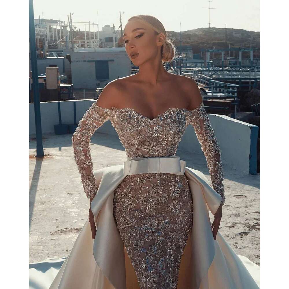 Essential Off Shoulder Beading Long Sleeve, Lace Bridal Dresses, Up To The Floor, Glitter