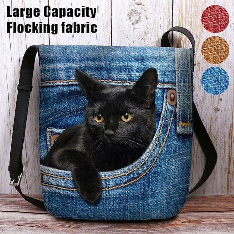 1pc Bohemian Denim-Like cking Fabric Cat Print Women - Light Blue/Red/Yellow, Polyester ed, & Stylish for Everyday Use, Outdoor Accessory Playful Desi