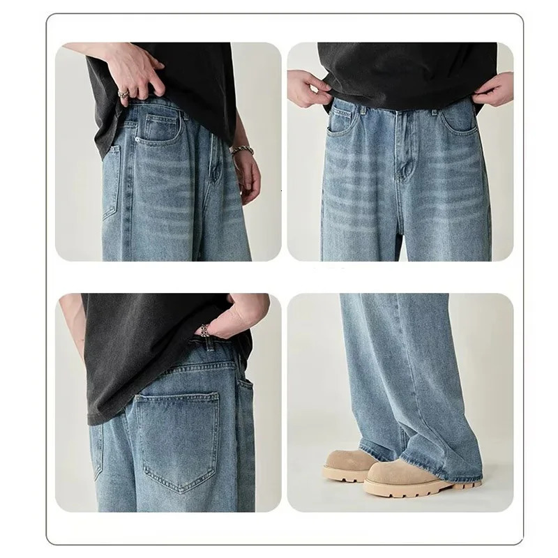 Mens Fashion High Waist Wide Leg Jeans Retro American Denim Pants Classic Bagged Street Clothing Casual Trousers 250311
