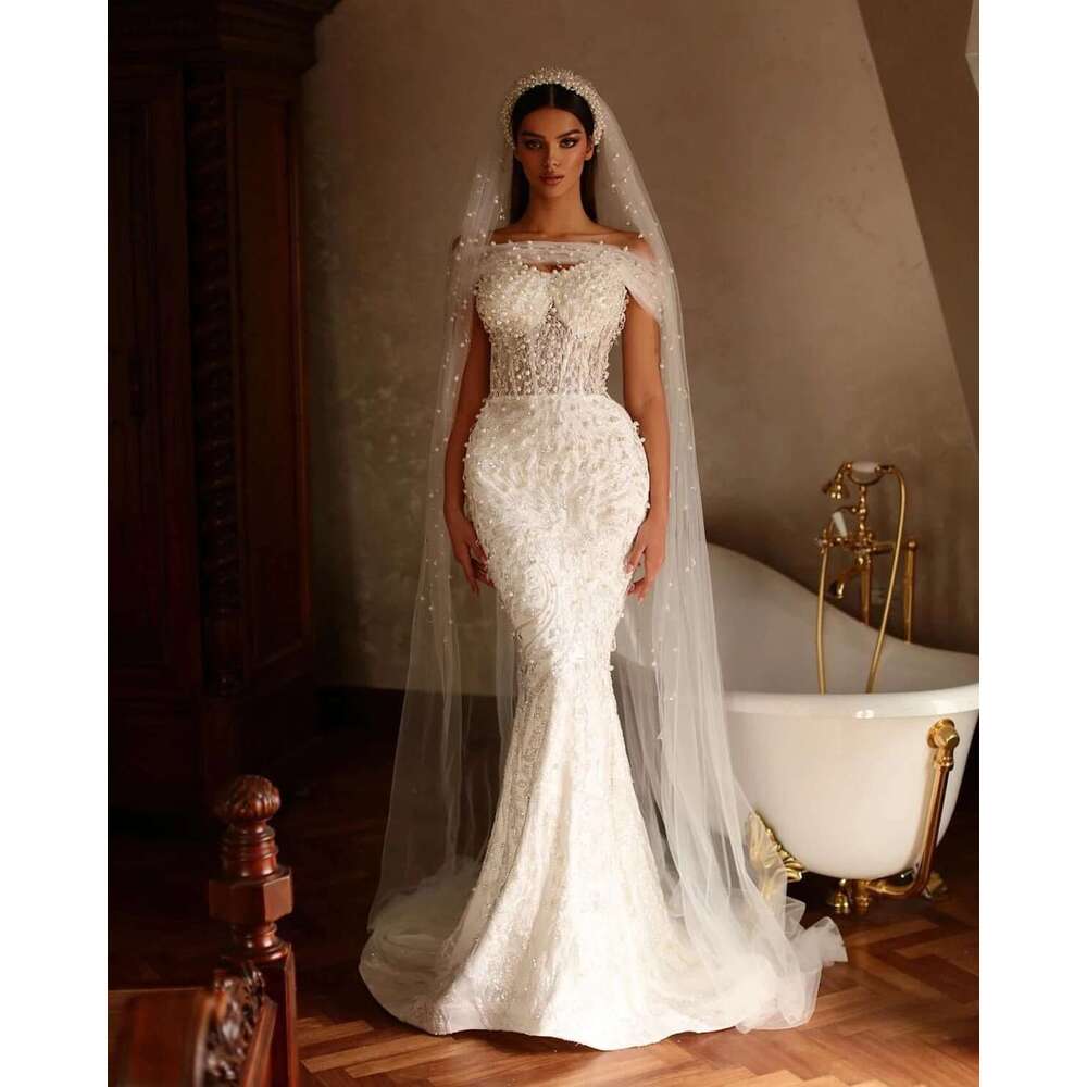 Pearl exquisite mermaid fashion sleeveless wedding dresses made to order lace bridal dress