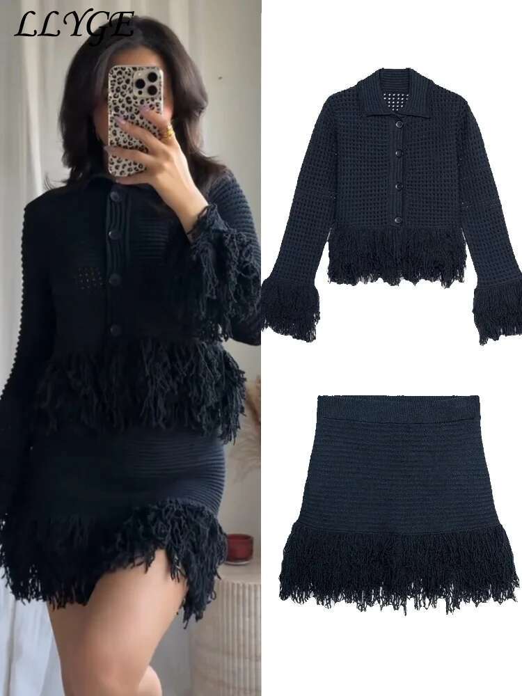 Knit Tassel Cardigans Mini Skirt Set Women Hollow Out Single-Breasted Cardigan Short A-E Skirts 2025 Spring Lady Chic Outfits