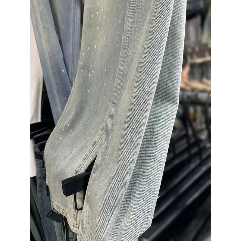 Heavy Embroidery Drilling Starry Raw Hem High Waist Jeans Womens Summer Thin Loose Fashion Mop Wide Leg Pants 250306