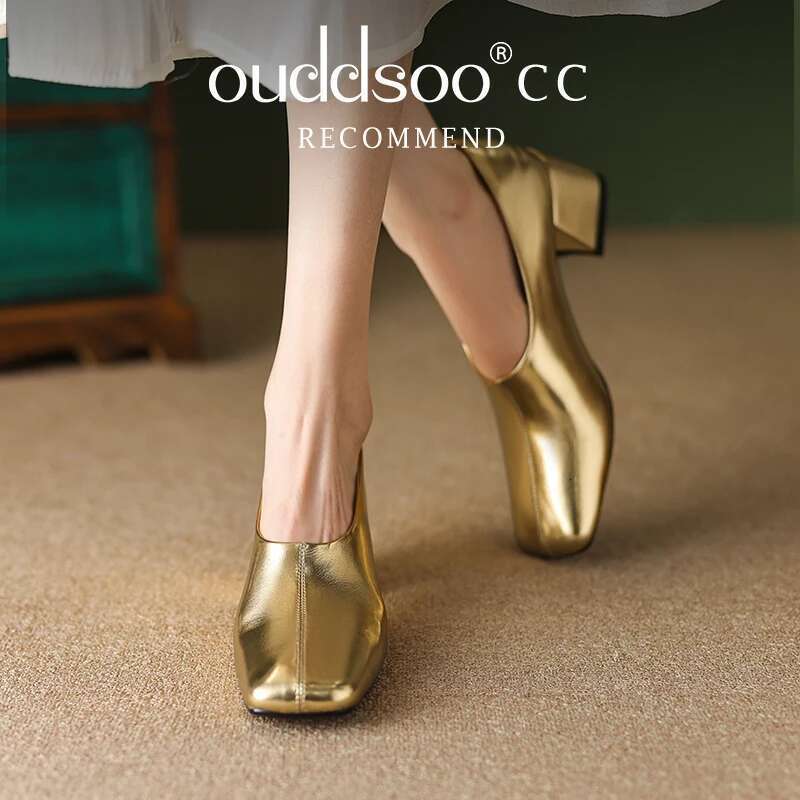 High Heel Ods Women S Loafers Genuine Leather Sss Grade Sier Heels Gold Pumps Square Toe Elegant Mary Janes Shoes For Women