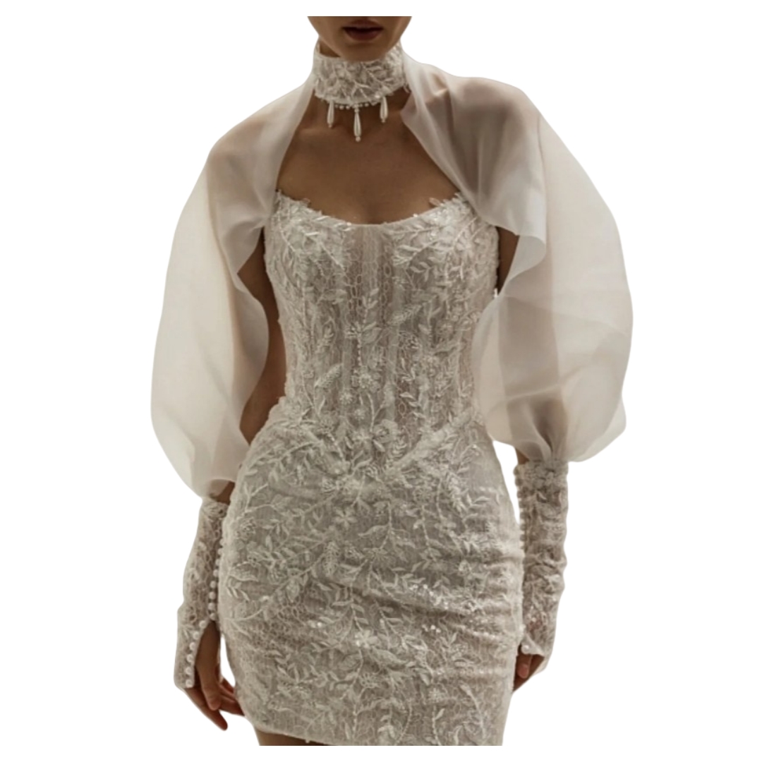 2025 Lace Short Sheath Wedding Dresses With Wrap High Collar Long Sleeves Boho Beach Bridal Gowns Appliques Beading Stylish Civil Bride Dress Back Lac