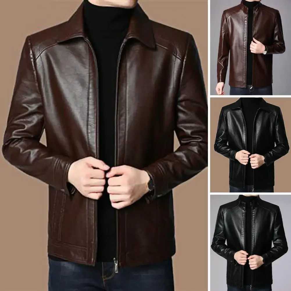 Mens Korean Version Slim Fit Solid Color Coat Standing Collar Autumn and Winter Leather Clothes Imitation Water Leather JacketT250311