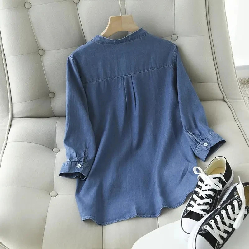Blue denim Lyocell casual Vneck single chest quarter sleeved womens shirt Korean fashion top 250310