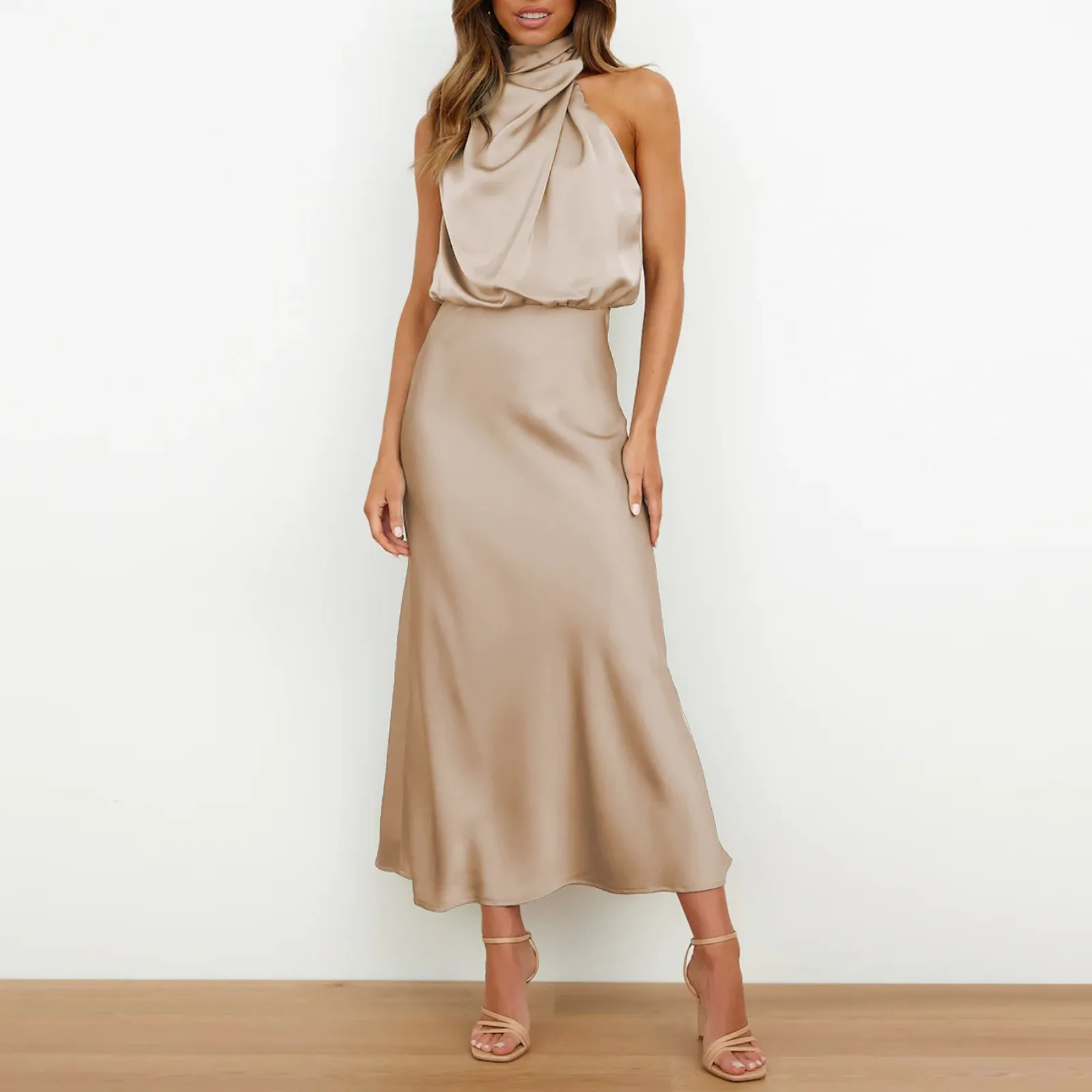 Satin High Waisted A Line Dress Elegant Women Swing Turtleneck Asymmetric Sleeveless Party Dress Formal Long Dress 250306