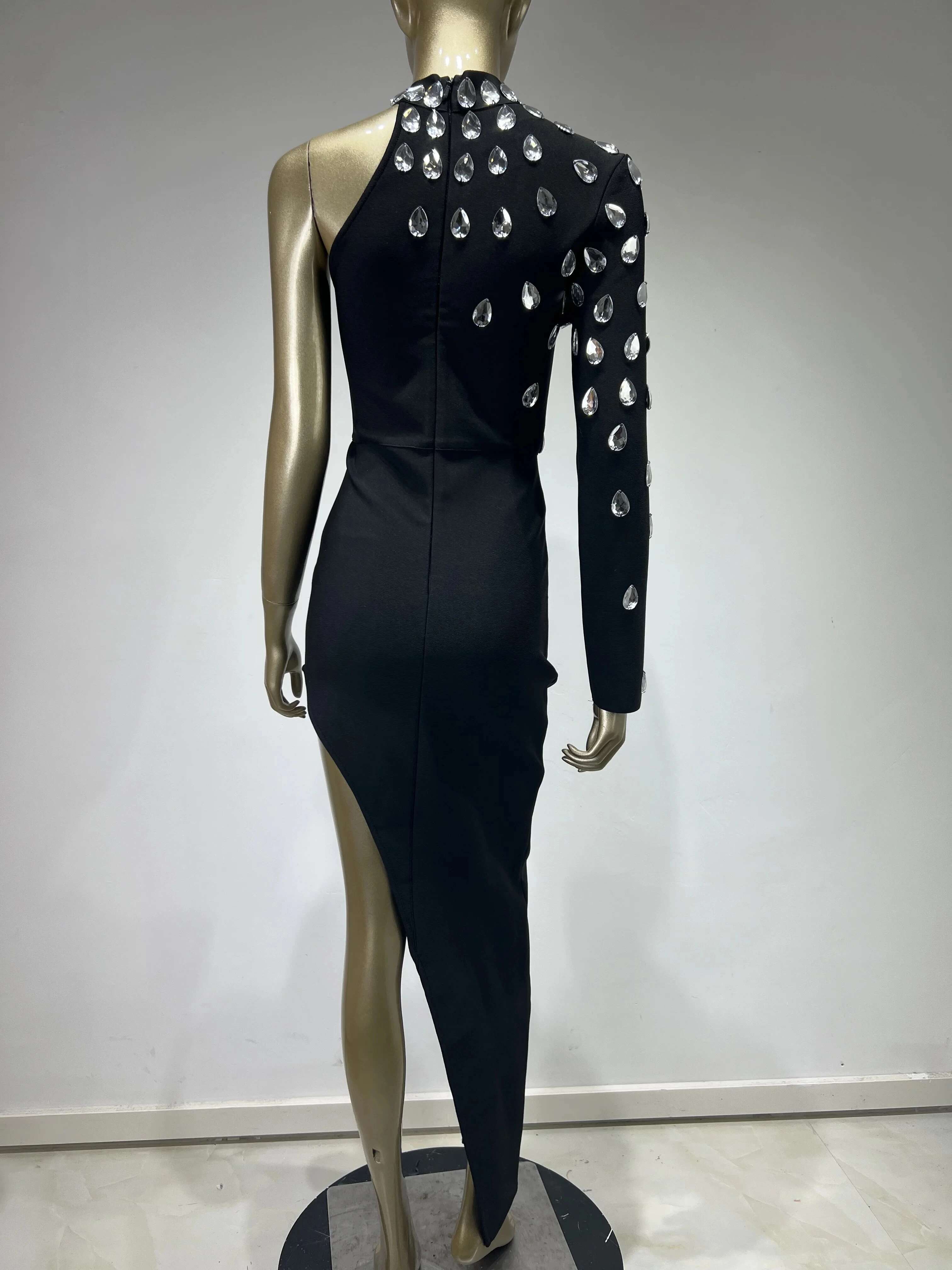 Women Celebrity Sexy Single Sleeve Rhie Black Maxi Long Bodycon Bandage 2023 Elegant Evening Club Party Dress