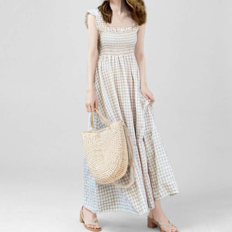 2025 Spring New Elegant Women's Commuter Collar Plaid Strap Elastic Large Swing Dress KLMY