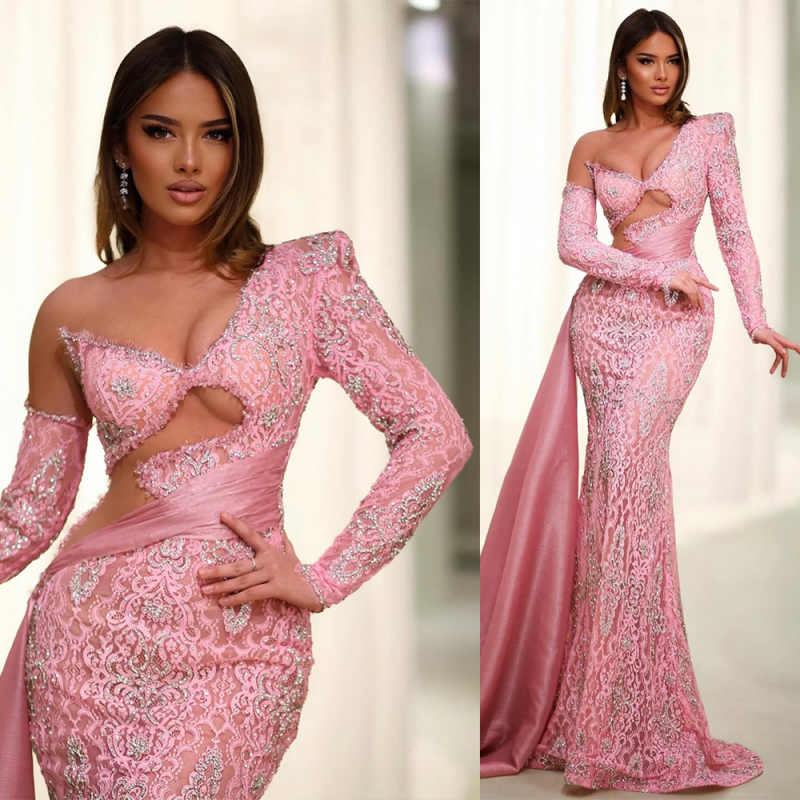 Designer Mermaid Evening Dress Beaded Lace One Shoulder Long Sleeve Prom Gown Sweep Train Party Dresses Customized