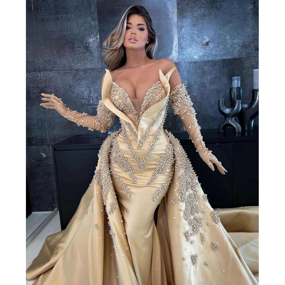 uosos Evening Champagne, Full V-neck, Beading Mermaid Prom Dress, New Designed Pearls, Formal Party Dresses