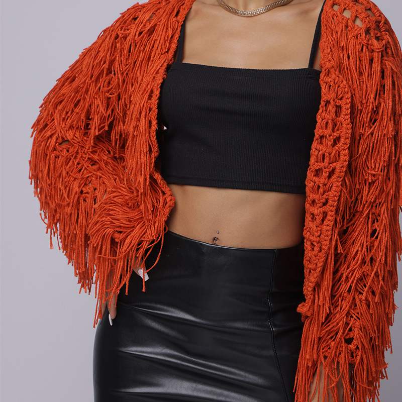 Women's New Spring Outfit, Hand Hooked Loose Tassel Hollow Out Solid Color Knitted Cardigan Sweater Short Jacket
