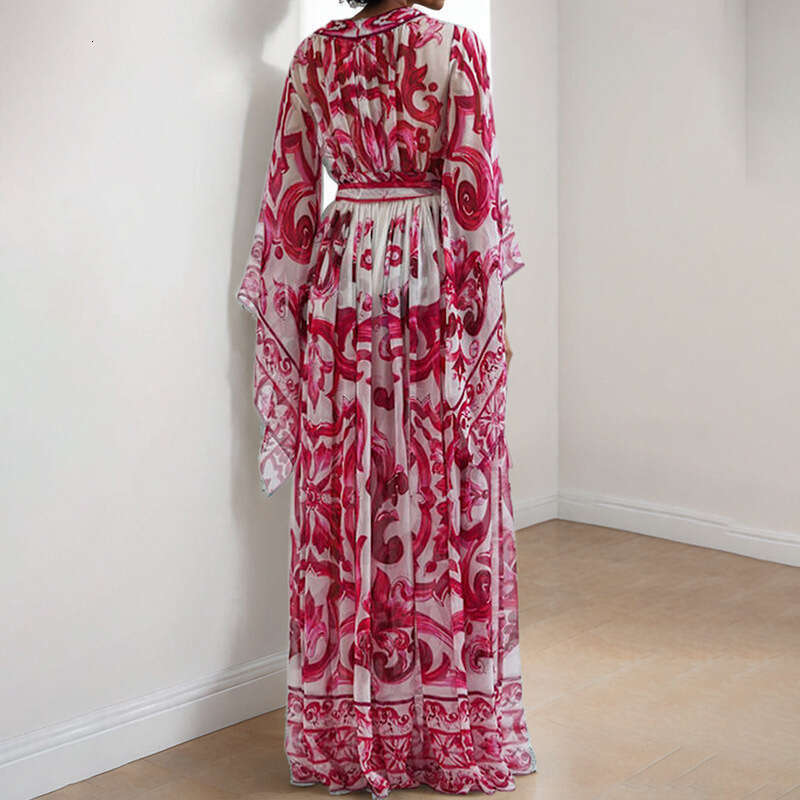 Women's Clothing 2025 Blue White Porcelain Printed Skirt Women, Showing A Slim Elegant Temperament, Long Sleeved And Large Swing Dress For Women 