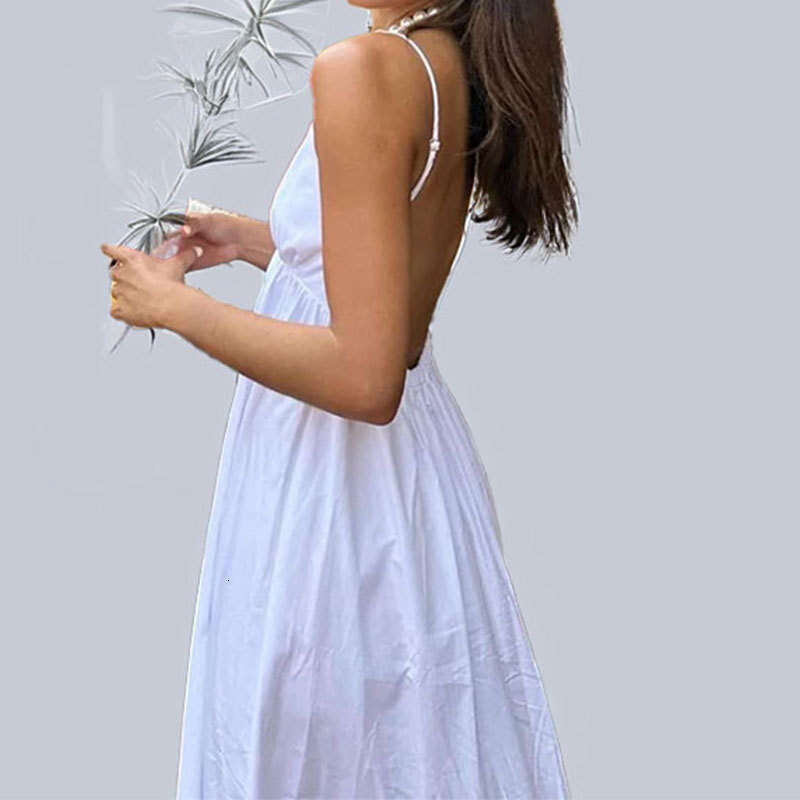 2025 New Women's Fashion Sexy Backless Versatile Solid Color V-Neck Strap Dress KLMY