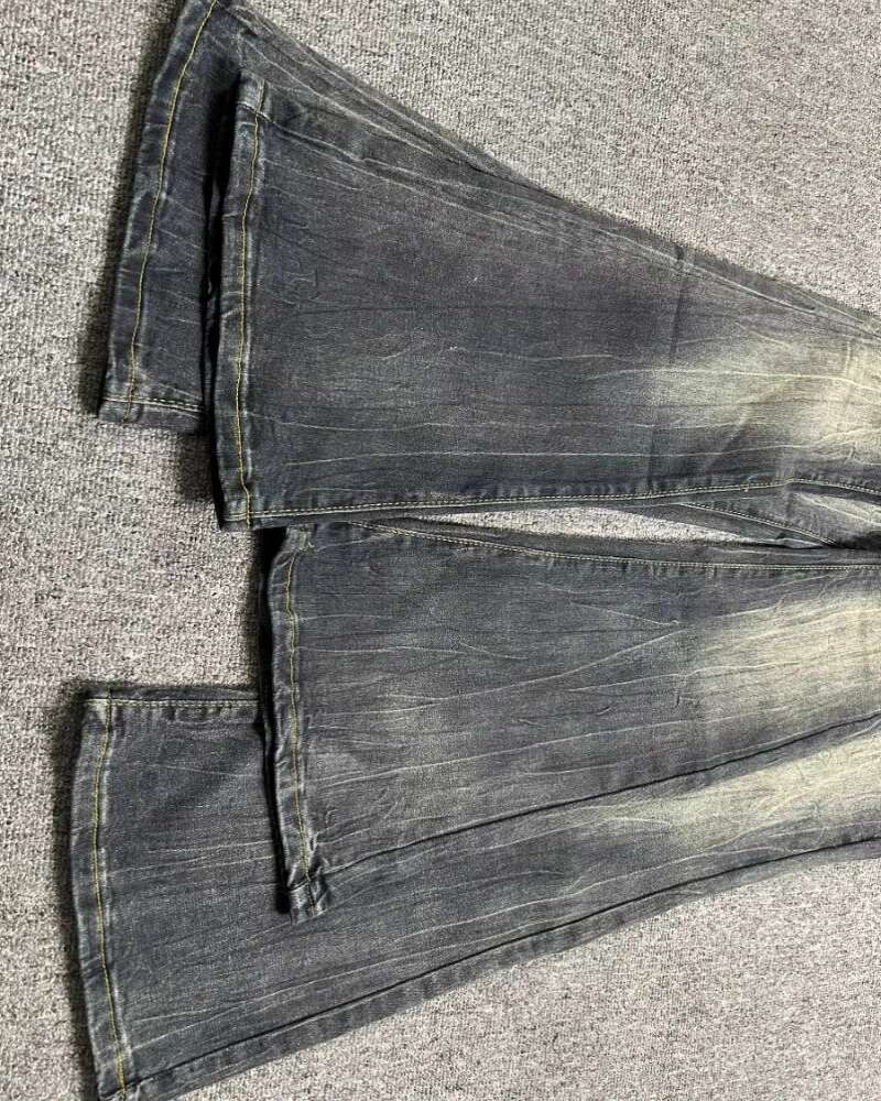 Gothic Washed Denim Flare Women Autumn Streetwear Slim Black Grey High Waisted Jeans Vintage Long Pants Y2k Clothes