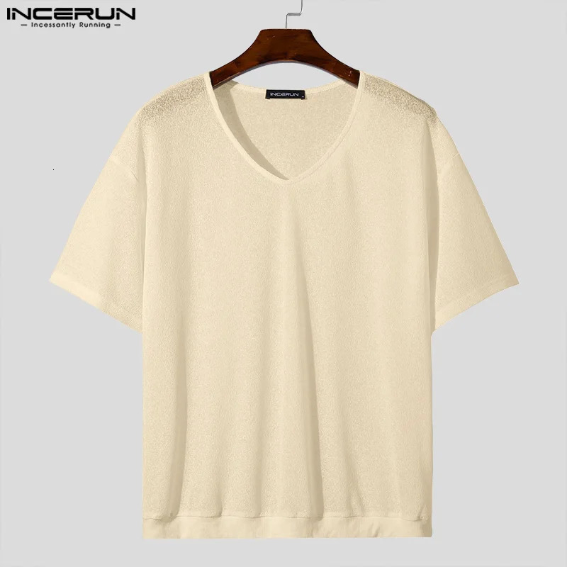 INCERUN Tops Fashionable Men Vneck Slightly Transparent Tshirts Casual Well Fitting Male Short Sleeved Shirt S5XL 250311