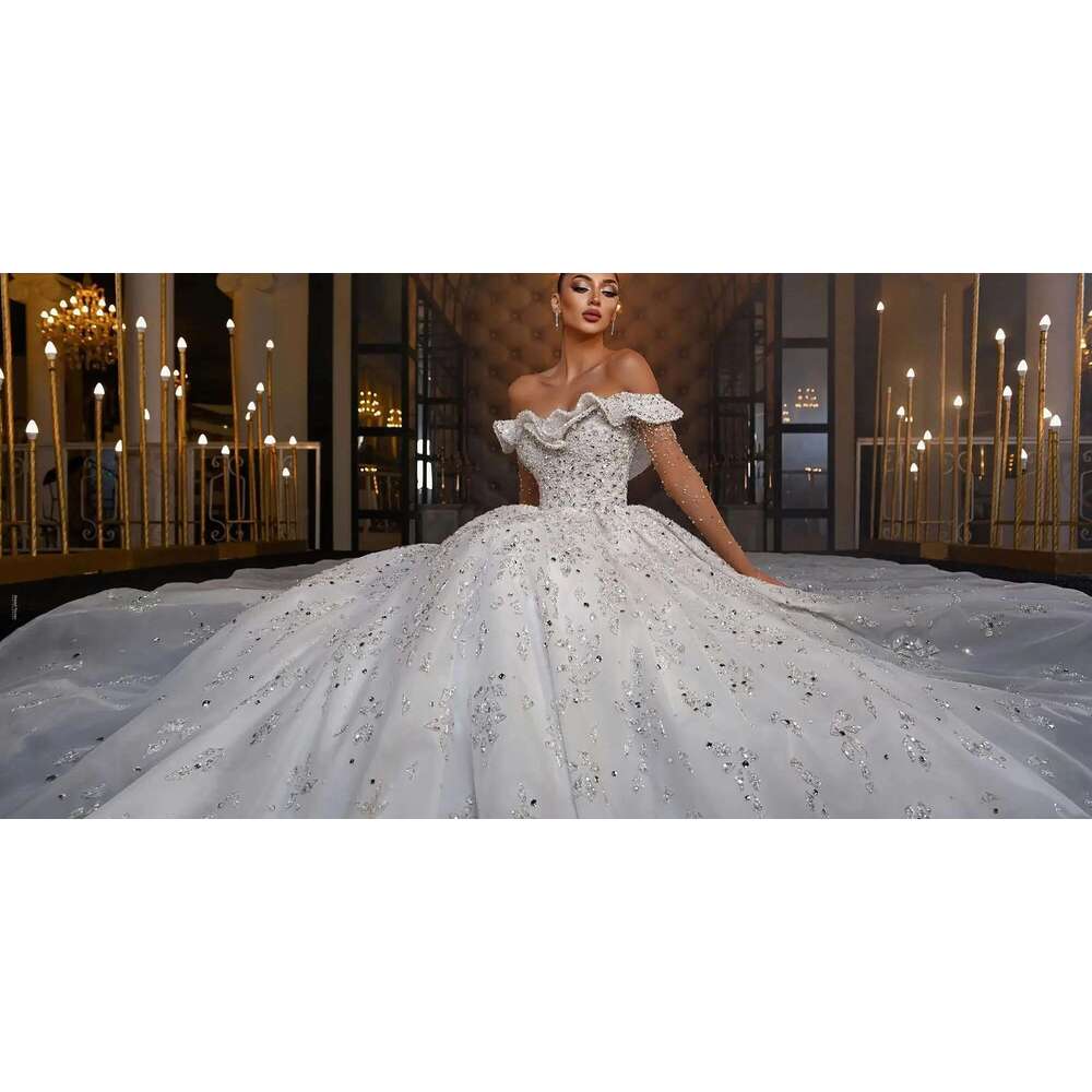 Arabic Crystals uoso Dresses Ball Gown Off Shoulder Lace Sequins Beads Custom Wedding Dress