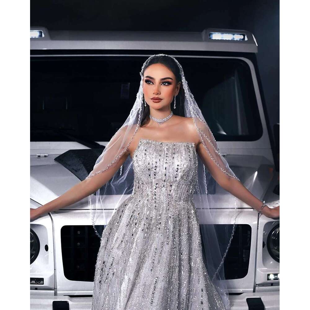 Glitter crystal a ha strapless sexy wedding dresses uoso sequins lace sleeveless custom robe
