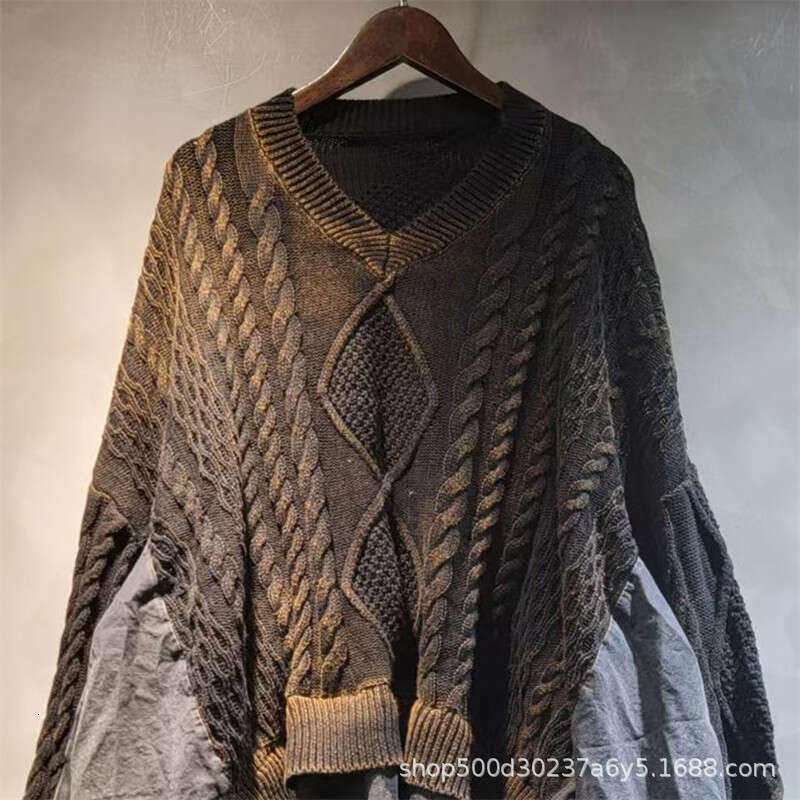 Personalized Distressed Fried Dough Twists Knitting Stitching Ruffle Large Loose Bat V-Neck Long Sleeve Sweater For Women In Spring And Autumn