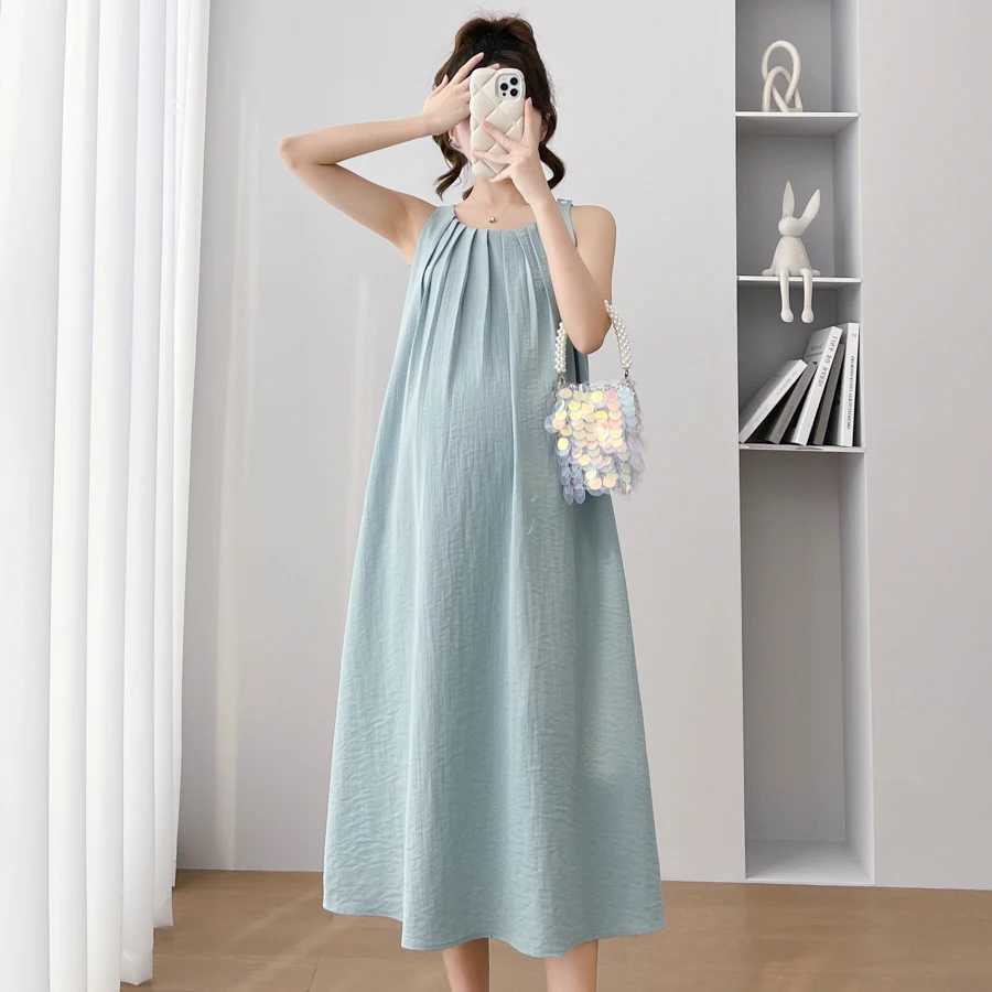 Japan and Korean Style Maternity Summer Clothes Sleeveless Pleated Sundress Solid Color Pregnancy Brief DressT250311