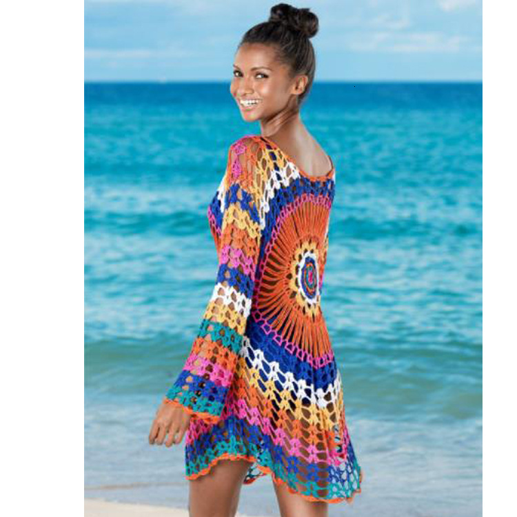 Handmade Crochet Rainbow Beach Knitted Hollow Out Loose Long Sleeved Bikini Swimsuit Cover, Outer Layer