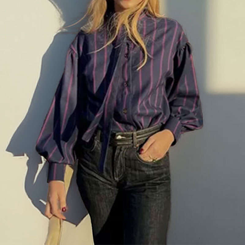 Spring 2025 New Women's Clothing Style Lantern Sleeves Striped Lace Up French Shirt Top For Women KLMY