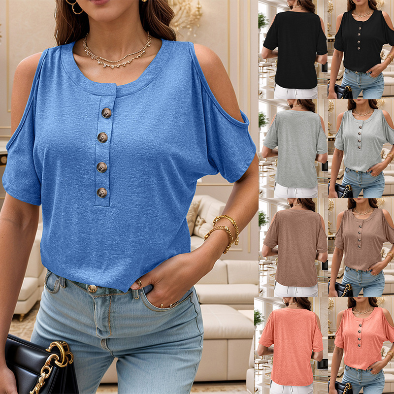 2025 SpringSummer New Designer Women's Solid Color Off Shoulder Fashion Short Sleeve T-shirt Trendy Casual Short Sleeve1