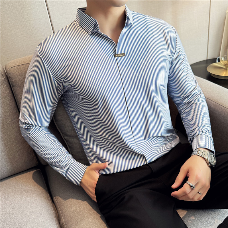 Thin striped long sleeved polo shirt for men, business casual t-shirt, men's dark placket, Korean version, high elasticity, autumn and winter new