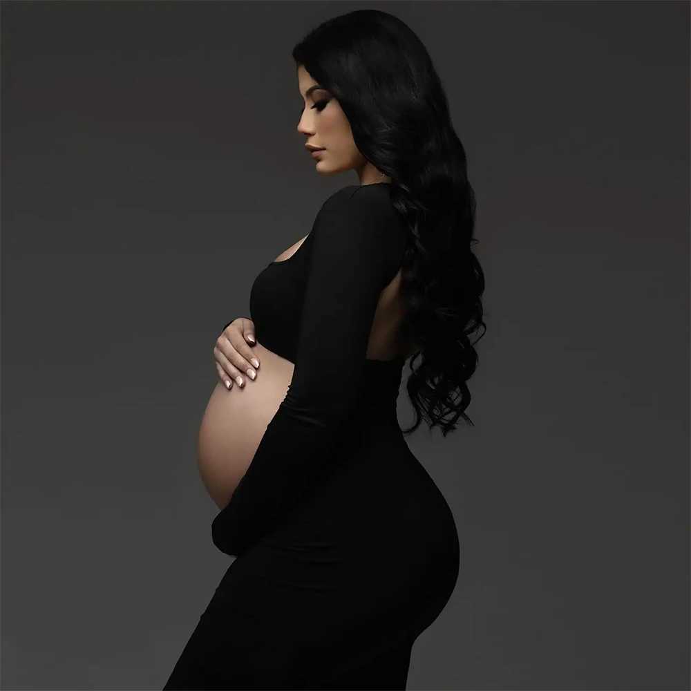 New Maternity Dresses For Photo Shoot Black Long Sleeve Backless Pregnancy Maxi Dress Wedding Party Photography Pregnant Clothes X2502241