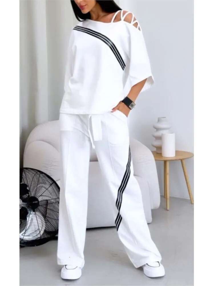 Spring Summer Women Fashion Two Pieces Sets 2025 New Off-The-Shoulder Loose Short Sleeve Top And Pants Suits Outfits Clothing