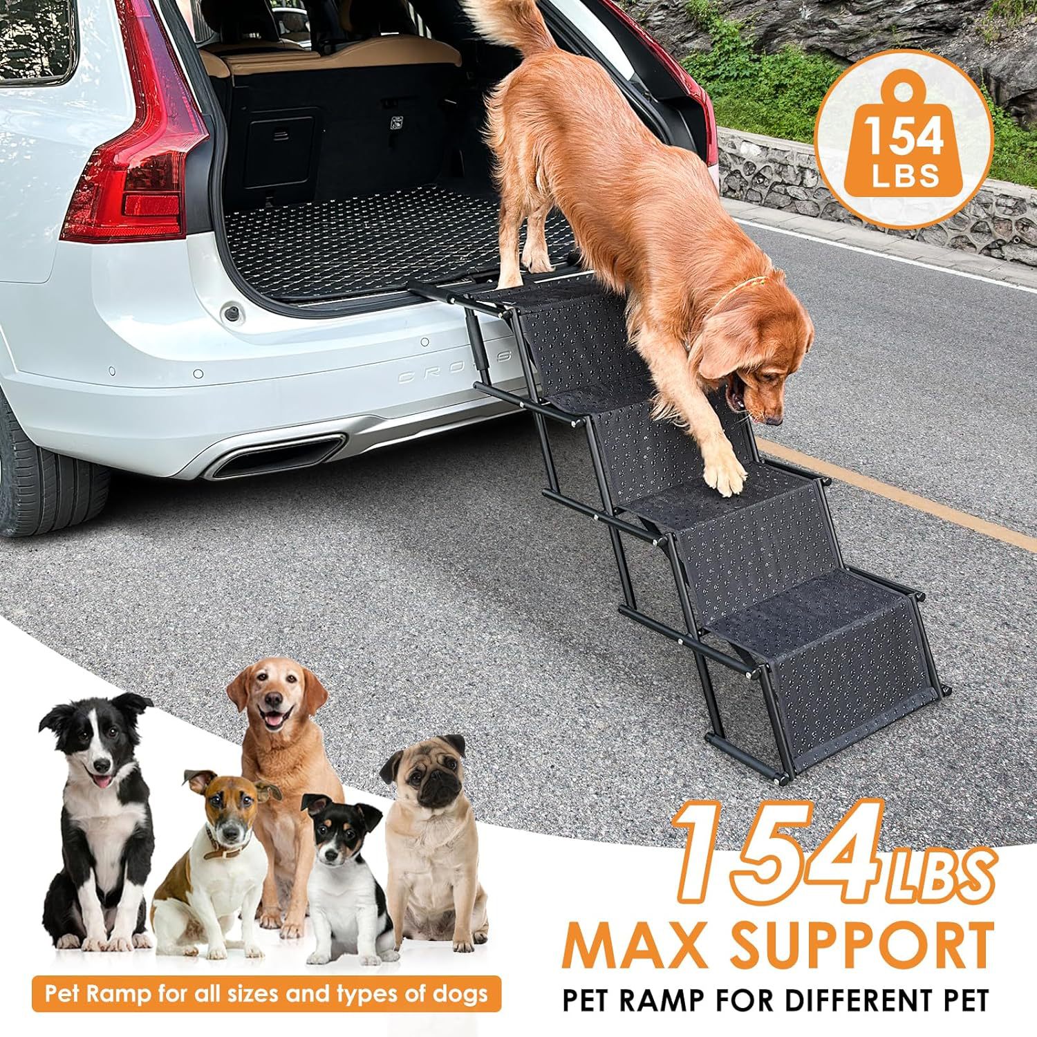 Portable Foldable Pet Ramp Stairs Car Ladder for Large Dogs Assist Steps with Non-Slip Surface for Easy Vehicle Access
