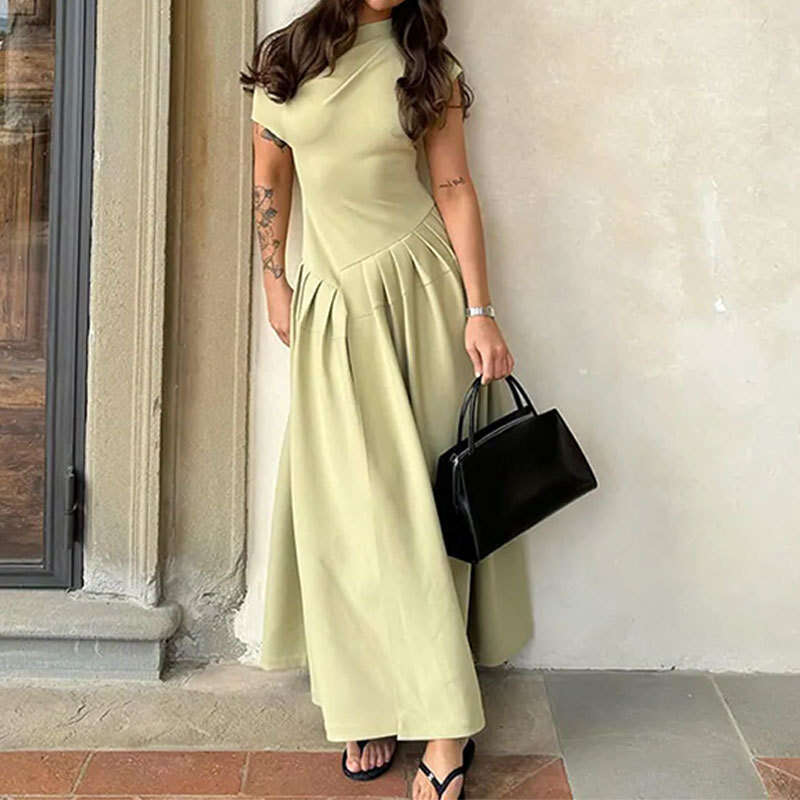 2025 New Women's Solid Color Round Neck Sloping Shoulder Irregular Pleated Spring Dress For Women 661 KLMY